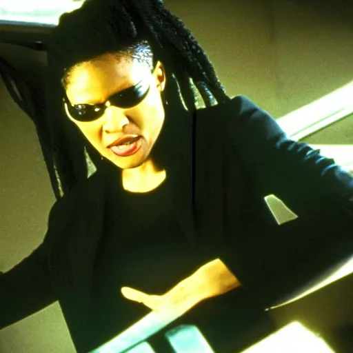 Image similar to Celia Rose Gooding as gender-switched Morpheus in The Matrix, interior of submarine, IMAX film, 1999
