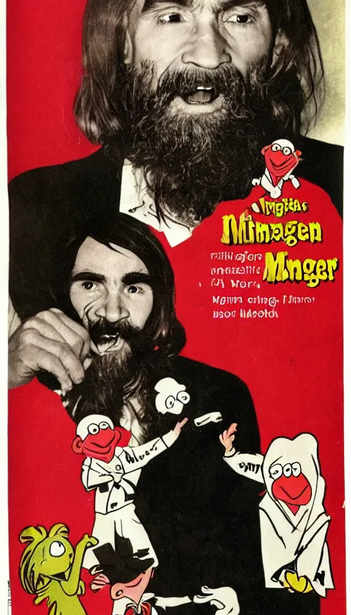 Image similar to vintage magazine advertisement depicting charles manson hosting the muppet show