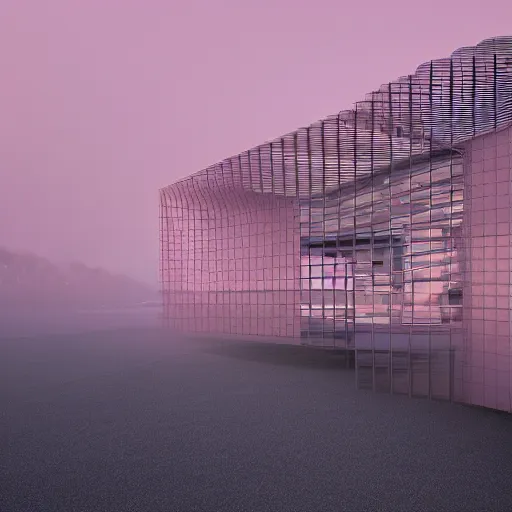 Image similar to parametric architecture, museum, concrete, facede fabric and mesh in faded pink, morning fog, blue hour, archviz, cgi, trending on artstation, corona renderer, unreal engine, ray tracing, 3 ds max, cinematic, city in the background