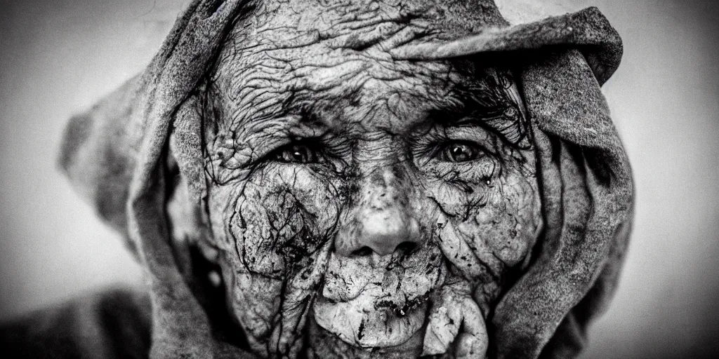 Prompt: old _ alpine _ famers _ face, smeared with oil, sad, dark, black and white, crying, missing teeth, hairloss, _ dolomites _ dark _ eerie _ despair _ portrait _ photography _ artstation _ digital _ art _ adward _ winning