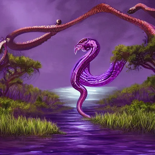 Prompt: a purple head of a serpent with big white eyes, sticking above the water in the mangroves, marshes, trending on artstation, 4 k, video game art, oil painting