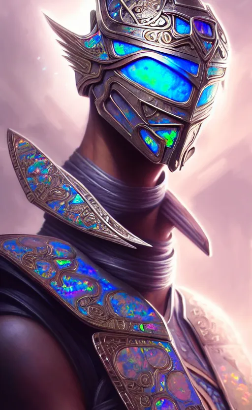 Prompt: iridescent opal cyborg shinobi warrior, intricate ornate details, morandi color scheme, hd, illustratio, splash art, fantasy, elegant, highly detailed, wide angle, digital painting, artstation, concept art, smooth, sharp focus, illustration, wallpaper, art by artgerm and greg rutkowski and alphonse mucha and jin xiaodi