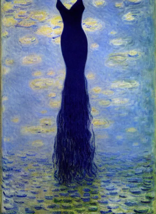 Prompt: long female dress abandoned on the bottom of the sea, art by claude monet