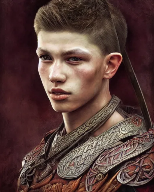 Image similar to portrait of a handsome young celtic warrior, art by lixin yin and denys tsiperko and bogdan rezunenko, hyperrealism, fantasy art