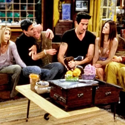 Image similar to a film still of the episode of the sitcom 'Friends' when they sacrificed Joey on a make-shift alter in the appartment