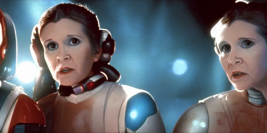 Image similar to a full color still of Carrie Fisher as Leia Organa talking to a humanoid sci-fi extraterrestrial alien, cinematic lighting, 1999, directed by Steven Spielberg, 35mm