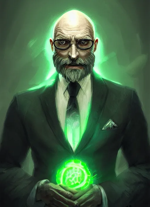 Prompt: a highly detailed illustration of bald old man wearing suit with green glowing eyes, dramatic standing pose, intricate, elegant, highly detailed, centered, digital painting, artstation, concept art, smooth, sharp focus, league of legends concept art, wlop.