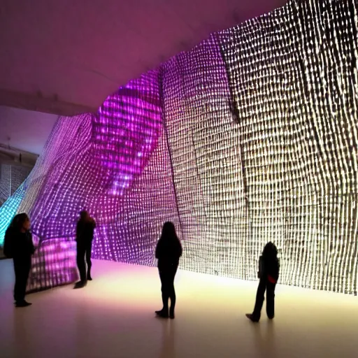 Image similar to light installation in a museum if modern art, projection mapping, interactive installation, infinite lights, huge workshop