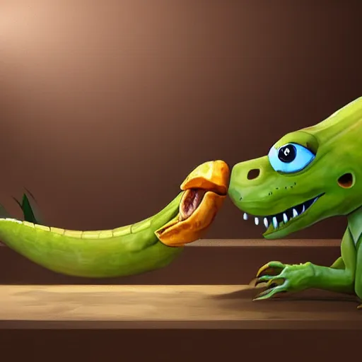 Image similar to dinosaur eating banana, 8 k, hd, trending on artstation