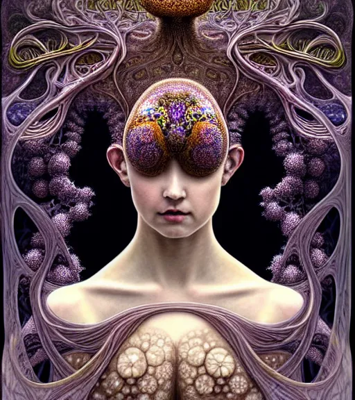 Prompt: detailed realistic beautiful young biopunk queen of mandelbrot galaxy in full regal attire. face portrait. art nouveau, symbolist, visionary, baroque, giant fractal details. horizontal symmetry by zdzisław beksinski, iris van herpen, raymond swanland and alphonse mucha. highly detailed, hyper - real, beautiful