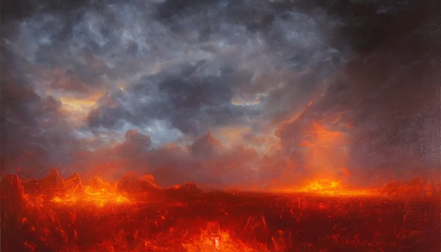 Image similar to a cubic landscape with fire in the sky, ghostly figures, by mariusz lewandowski