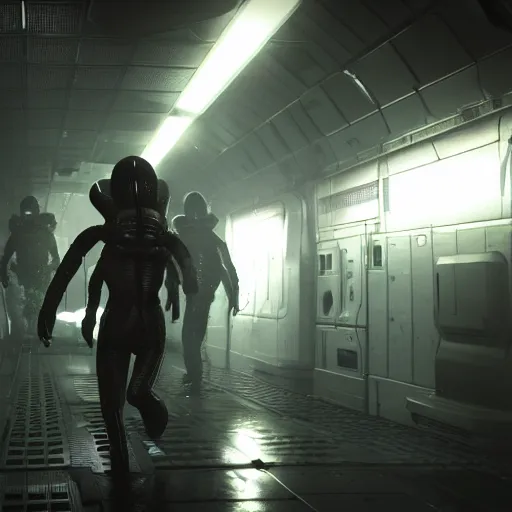 Image similar to alien running behind me in a space station corridor, alien! alien isolation, horror, highly detailed, 4 k, game screenshot, dark, white lightning