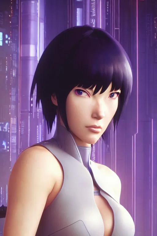 Image similar to weta pixar movie still photo of ghost in the shell anime : : motoko kusanagi by ilya kuvshinov : : artgerm, maxim cover, octane render, 3 d, unreal engine 3 d, volumetric lighting, anti aliasing, raytracing : :