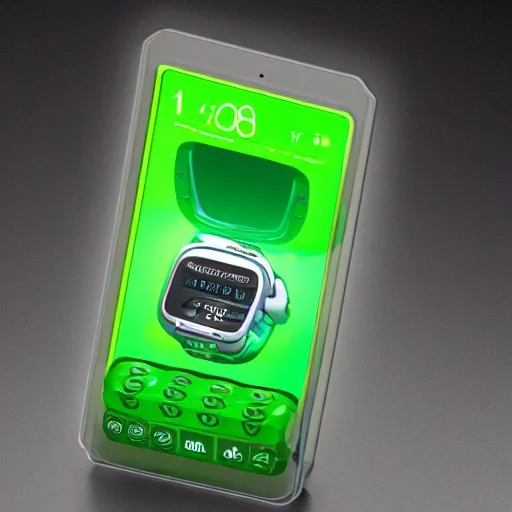 Prompt: an ultra high definition cycles render of a floating chunky green transparent plastic mobile phone at an angle with an e-ink screen inspired by a g-shock watch. Emissive screen and indicator lights, bloom