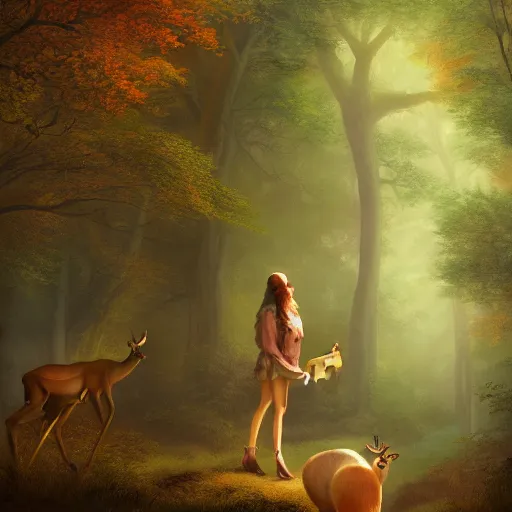 Prompt: a painting of a woman standing in a forest with deer, a storybook illustration by louise abbema, cgsociety, magical realism, reimagined by industrial light and magic, volumetric lighting, cinematic lighting