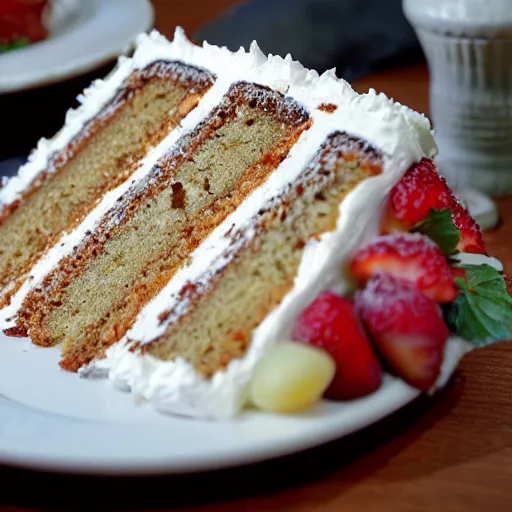 Prompt: A delicious slice of cake, food shot