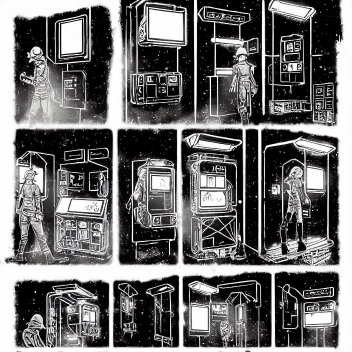 Image similar to sadie sink as a miner inside a minimalist old - fashioned automated kiosk with options to choose from. storyboard - style drawing scifi cyberpunk. by gabriel hardman, joe alves, chris bonura. cinematic atmosphere, detailed and intricate, perfect anatomy