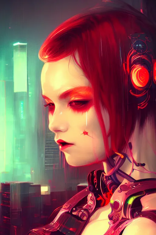 Image similar to portrait futuristic Devil Girl, in future cyberpunk tokyo rooftop , ssci-fi, fantasy, intricate, very very beautiful, elegant, human anatomy, neon light, highly detailed, digital painting, artstation, concept art, smooth, sharp focus, illustration, art by tian zi and WLOP and alphonse mucha