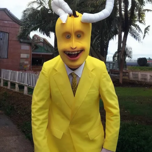 Prompt: banana head, a man wearing a suit banana head