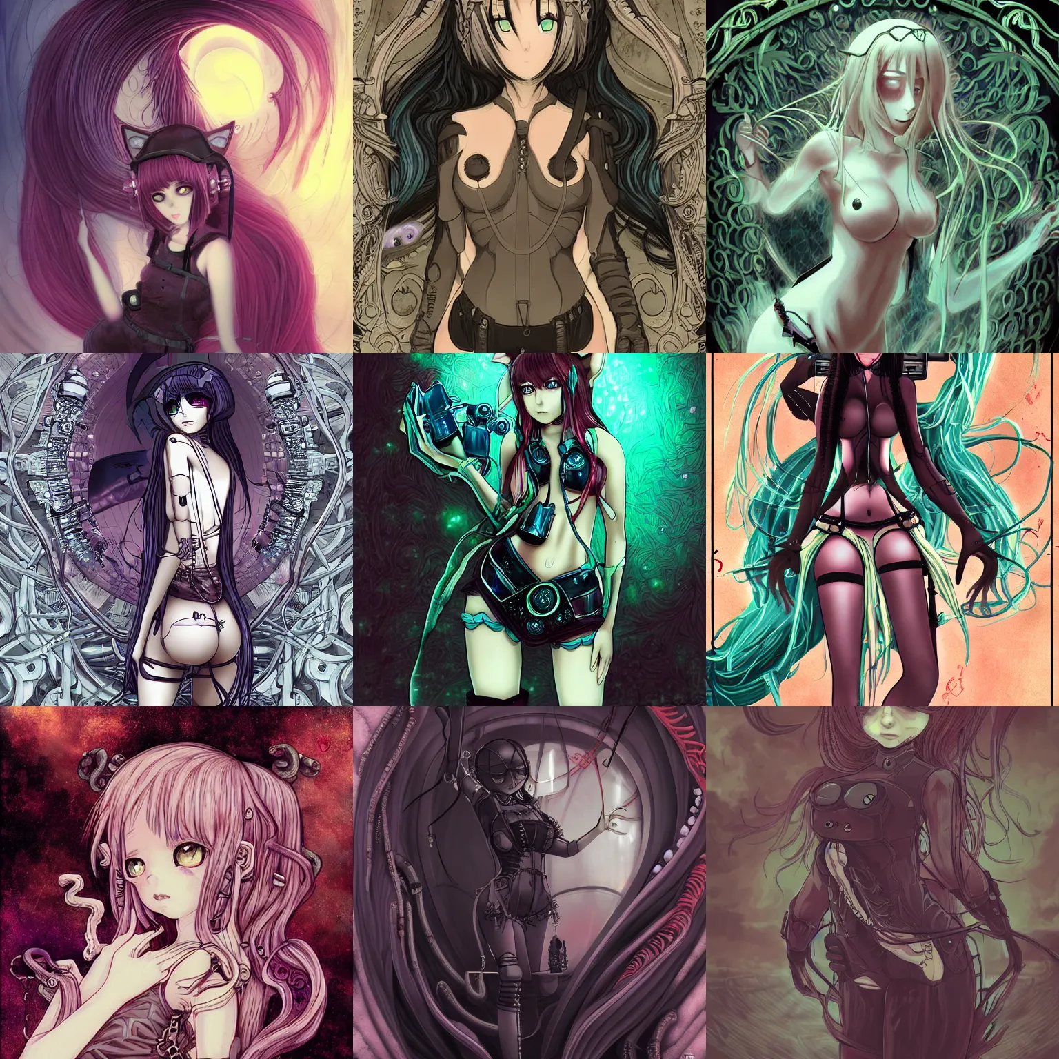 Prompt: lovecraftian horror, anime catgirl, cyberpunk, highly detailed, scifi, futuristic, big and small, vivid, sensuel, art nouveau