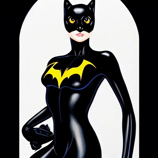 Image similar to portrait of bat woman holding a black cat, confident pose, radiant light, art by peter lloyd 1 9 8 0, airbrush style, art by hajime sorayama,, intricate, elegant, sharp focus, illustration, highly detailed, concept art, matte, sharp focus, illustration, highly detailed, concept art, h 6 4 0