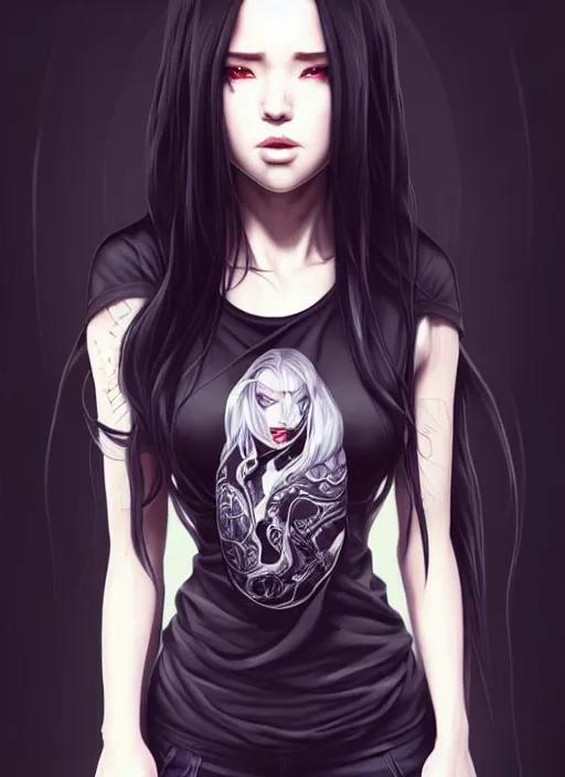 Image similar to full body portrait of long black hair girl within a streetwear. porcelain warforged, cynical face, concept art, character illustrations, intricate, highly detailed 8 k, smooth, matte, sharp focus, rim light, beautiful and aesthetic shape of face and body, artgerm, artstation, art by rinotuna