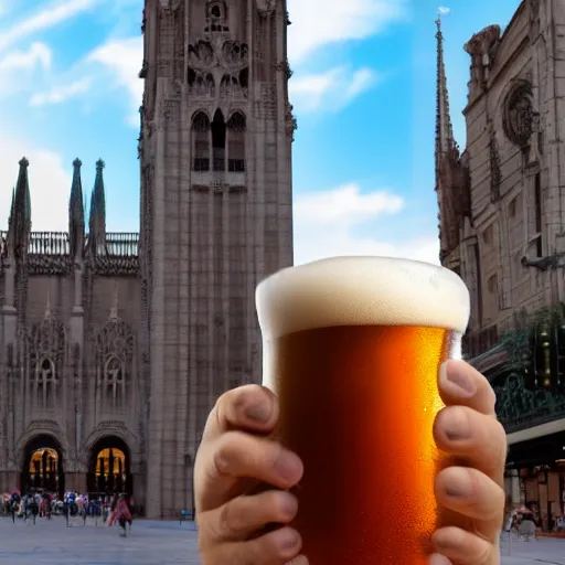 Image similar to A wild humanoid Puma holding a fresh beer with its paws in the city centrum from Palma de Mallorca with Palma Cathedral in the background, highly detailed, octane render