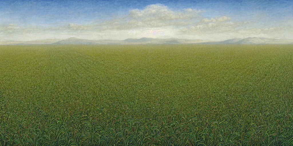 Image similar to Artwork by John Howe of an insect-covered field of crops