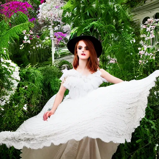 Image similar to full body fashion model emma watson smokey eyes makeup eye shadow fantasy, glow, shimmer as victorian woman in a long white frilly lace dress and a large white hat having tea in a sunroom filled with flowers, roses and lush fern flowers ,intricate, night, highly detailed, dramatic lighting , high quality