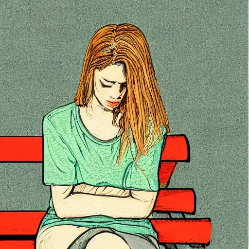 Prompt: an illustration of a young woman with long blond hair sitting on a green bench with her head in her hands, digital art