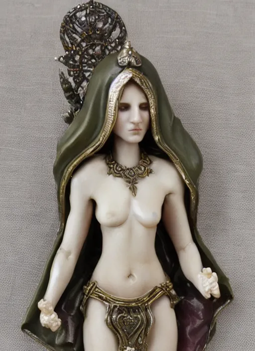 Prompt: 80mm resin detailed miniature of a beautiful Hypriestes, clothed in white roobe, olive skin, hood, beautiful bone structure, symmetrical facial features, Product Introduction Photos, 4K, Full body