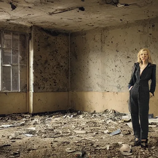 Image similar to Portrait of cate blanchett in an abandoned building, by Annie leibowitz, photorealisitc ,detailed