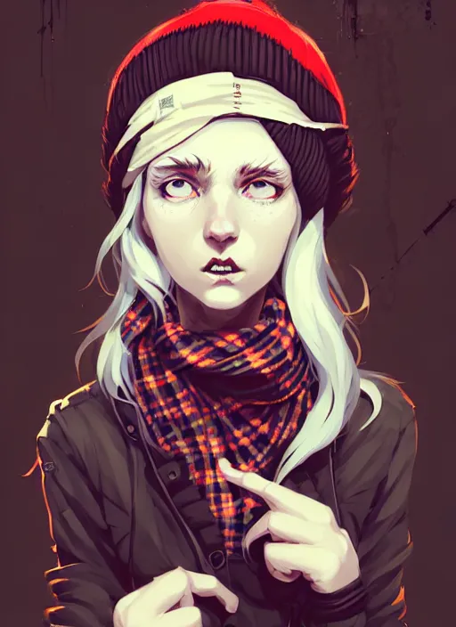 Prompt: highly detailed portrait of a sewer punk lady student, beanie, tartan scarf, wavy blonde hair by atey ghailan, by greg rutkowski, by greg tocchini, by james gilleard, by joe fenton, by kaethe butcher, gradient red, black, brown and cream color scheme, grunge aesthetic!!! white graffiti tag wall background