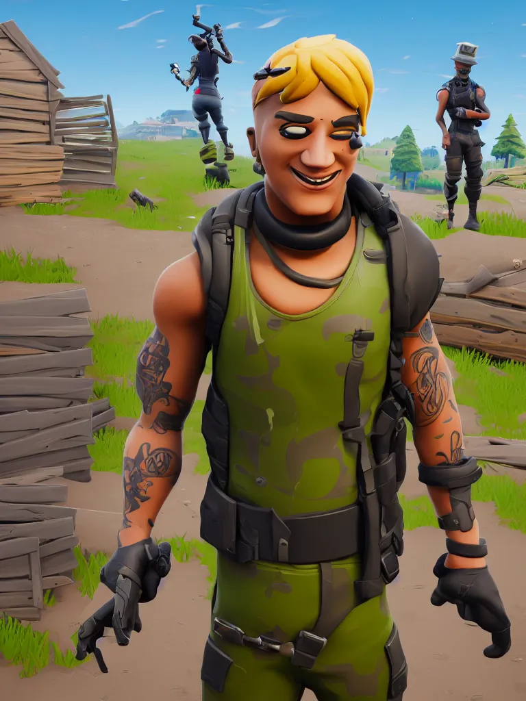 Image similar to fortnite character, anthropomorphic pickle, kind eyes and a derpy smile. flak jacket, ammo bandolier, cargo pants, black combat boots. fortnite style, unreal engine
