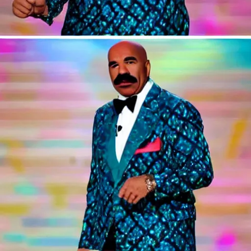 Image similar to Steve Harvey with a Rainbow Fish scale suit on