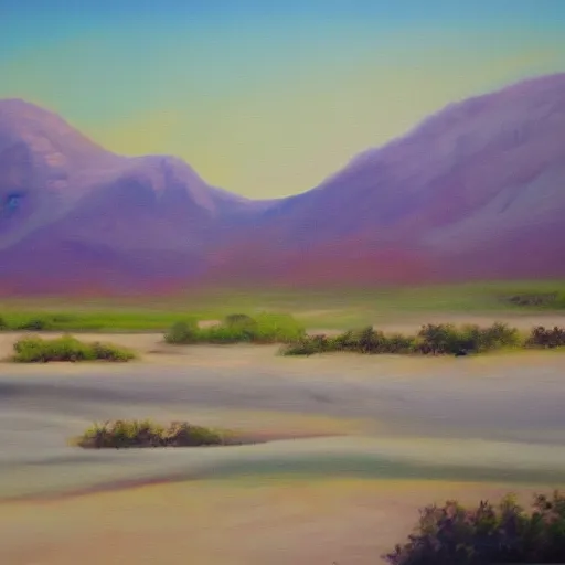 Prompt: Desert oasis Oil on canvas, detailed