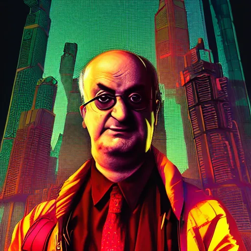 Prompt: cyberpunk salman rushdie as the leader of a futuristic communist nation, cybernetics, sharp lines, digital, artstation, colored in