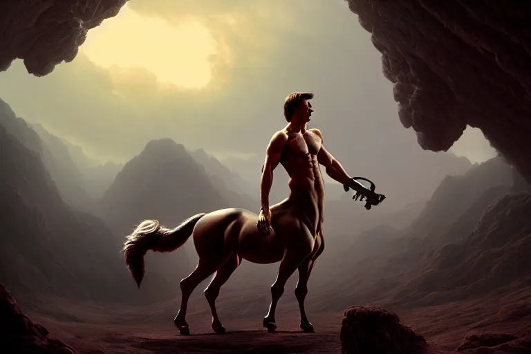 Prompt: a cinematic shot of a centaur centaur centaur, chimera, tom cruise torso, majestic matte painting, by Beeple, Gustave Dore, Artstation, CGsociety, Tom Cruise, masterpiece