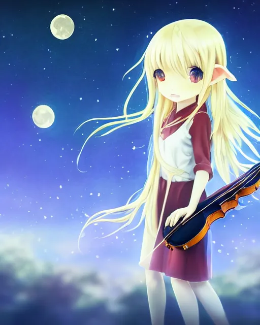 Image similar to chibi, cute, female, full body, elf girl with white skin and golden long wavy hair, holding a violin and playing a song, stunning art style, filters applied, lunar time, night sky, trending art, sharp focus, centered, landscape shot, fate zero, simple background, studio ghibly makoto shinkai yuji yamaguchi, by wlop