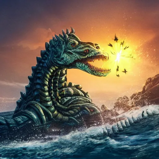 Prompt: an intricate and scary sea monster while The Rock is shooting a laser beam to it