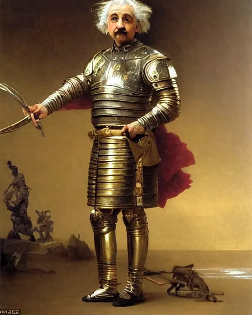 Prompt: brilliant knight : albert einstein is dressed in ornate, detailed, intricate golden armor and surrounded by detailed, complex mathematical equations, detailed oil painting by william adolphe bouguereau