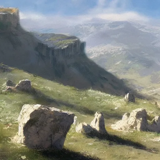 Prompt: concept art by craig mullins : an italian landscape in bright daylight. soft rolling hills in the foreground. in the distance a small mesa of white marble can be seen. a stone henge is standig atop of the cliff