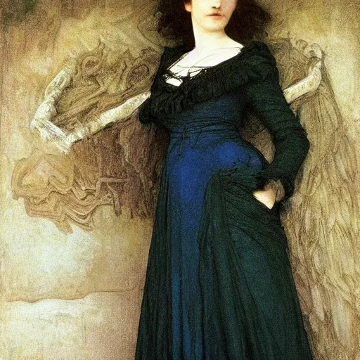 Image similar to portrait en buste of eva green in an edwardian dress by frederic william burton and frederic leighton, abundantly detailed, perfectly detailed eyes