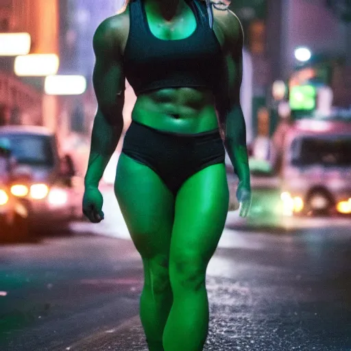 Prompt: Rhea Ripley as She Hulk on the street in New York City at night, Lights are on down the street, light fog in the background, cinematic, realistic, detailed, portrait, green skin