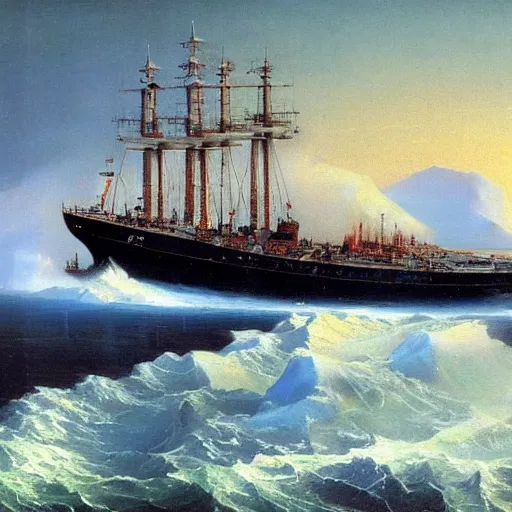 Image similar to epic soviet warship in arctic by shishkin and aivazovsky