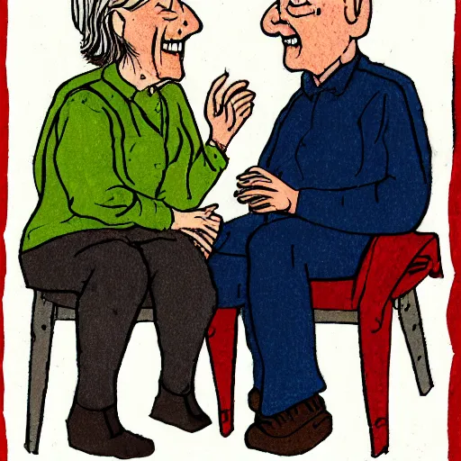 Image similar to an older couple talking to each other drawn by by raymond briggs