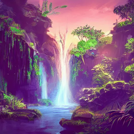 Image similar to ancient temple, plants and waterfalls in the interior of a cave,digital art, retrowave art,trending on art station