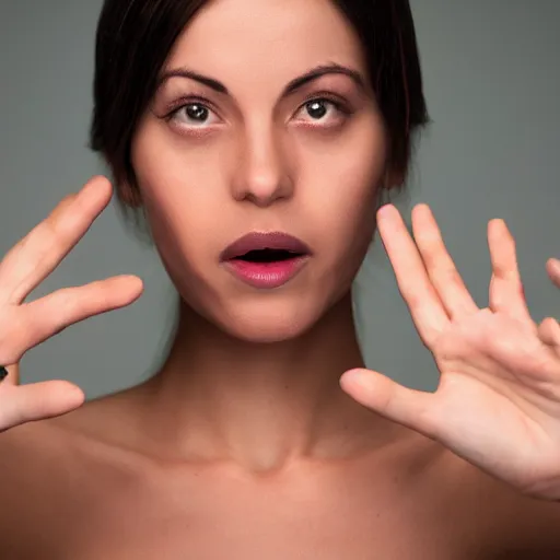 Prompt: A photograph of an ugly woman with beautiful hand palms,