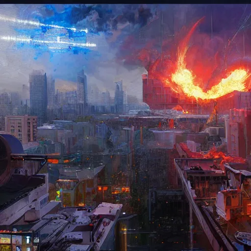 Image similar to louisiana chef justin wilson using eye lazers, destroying a cityscape, 8 k, highly detailed, digital painting, unreal engine tech demo, vivid colors, artstation, art by artgerm and greg rutkowski and alphonse mucha