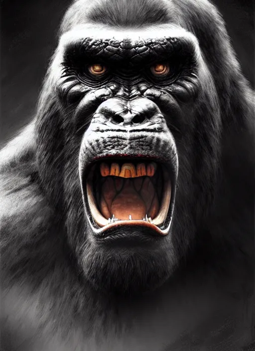 Prompt: portrait of angry king kong, beautiful face, hyper realistic, highly detailed, digital painting, artstation, illustration, concept art by hyung tae and frank frazetta, digital paint, matte paint, washed colors, eating cakes, dark, gloomy, foggy